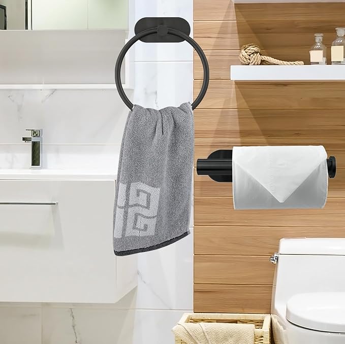 Self Adhesive Towel Ring and Toilet Paper Holder, No Drilling Stainless Steel Bathroom Hardware Set, Sturdy Bathroom Accessories for Home or Kitchen, Wall Mounted (Black)