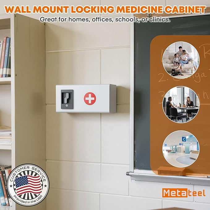 Wall Mount Locking Medicine Cabinet, First Aid Cabinet, Lockable Medicine Storage Box for Home, School, 12" W x 5.4" D x 6" H