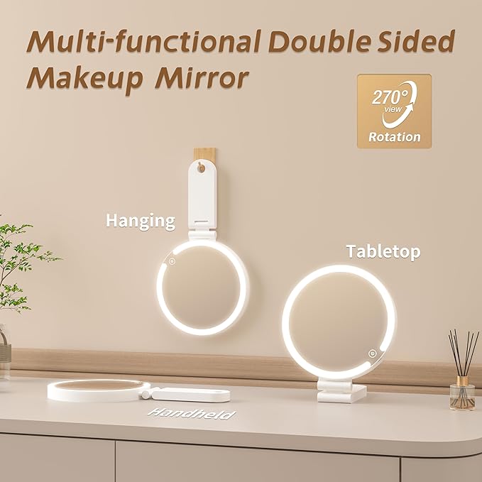 Travel Makeup Mirror with Lights, 20X/1X Double-Sided Magnifying Mirror with 3 Color Lights, Brightness Adjustable, Rechargeable, Foldable Handheld Makeup Mirrors Portable for Travel Use