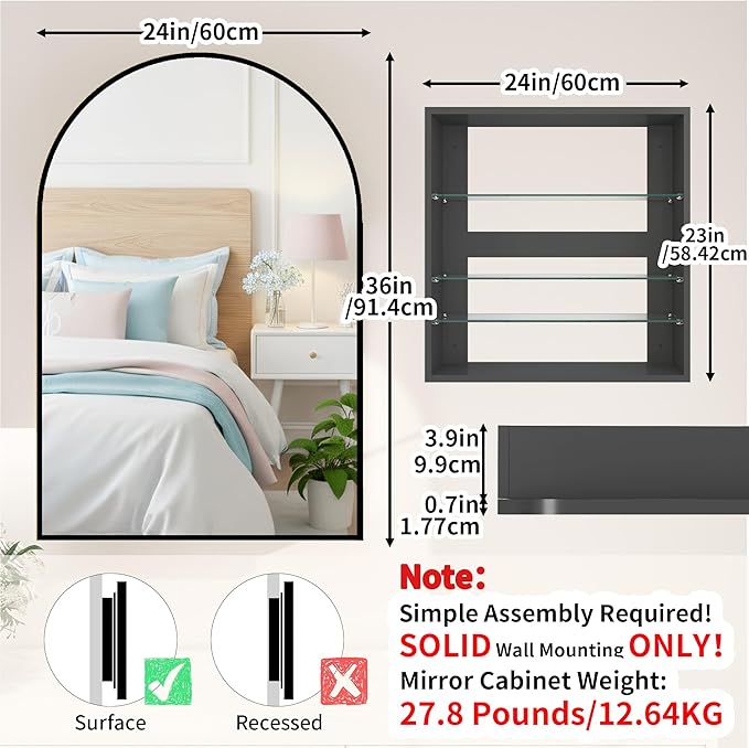 FKWin Black Medicine Cabinet for Left or Right Opening, Wall Mounted Bathroom Cabinet with Mirror not Recessed, Modern Bathroom Mirror with Storage, Black, 24x36 inch