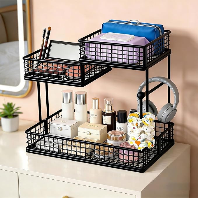 Makeup Organizer Countertop for Vanity, 3 Tier Metal Bathroom Countertop Organizers Skincare Storage Holder Perfume Cosmetic Display, Multi-Use Storage Rack for Bathroom, Kitchen & Bedroom (Black)