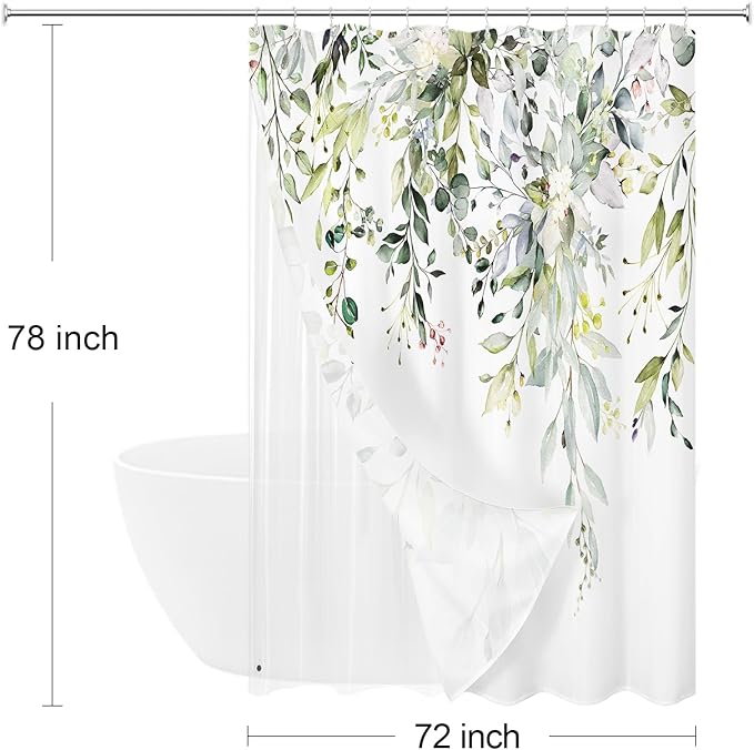 Gibelle Long 3 in 1 Shower Curtain Set, Watercolor Eucalyptus Bath Curtain and PEVA Liner Set with 12 Metal Hooks, Modern Waterproof Fabric Bathroom Curtain 72x78, Sage Green