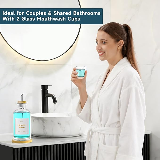 Glass Mouthwash Dispenser for Bathroom Countertop – 14oz/410ml Refillable Mouthwash Bottle with Stainless Steel Pour Spout & Bamboo Tray, Modern Decor for Home, Office, Airbnb (Clear)