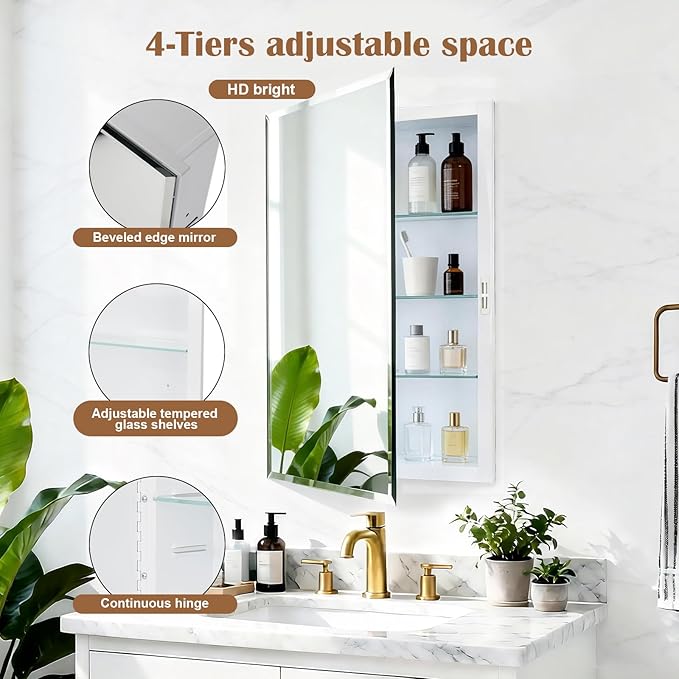 16x26'' Bathroom Medicine Cabinet Mirror with Storage, Surface Mount or Recessed Medicine Cabinet with 4-Tiered Adjustable Tempered Glass Shelves