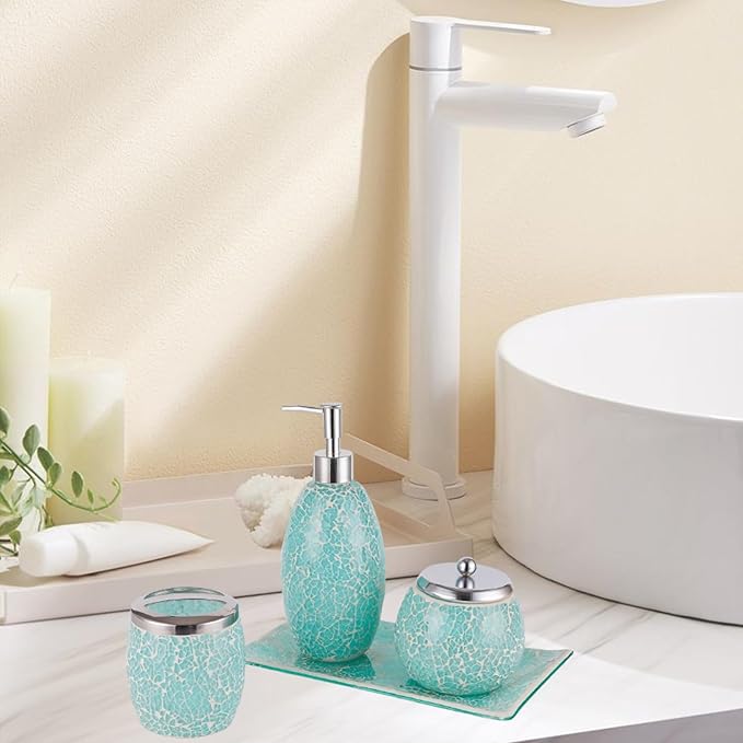 Escenzy Stylish Green Bathroom Accessories Sets 4 Pcs | Luxurious Glass Soap Dispenser, Toothbrush Holder, Cotton Swab Jar, Vanity Tray | Modern Decor Bling Mosaic Glass Turquoise Bathroom Accessories