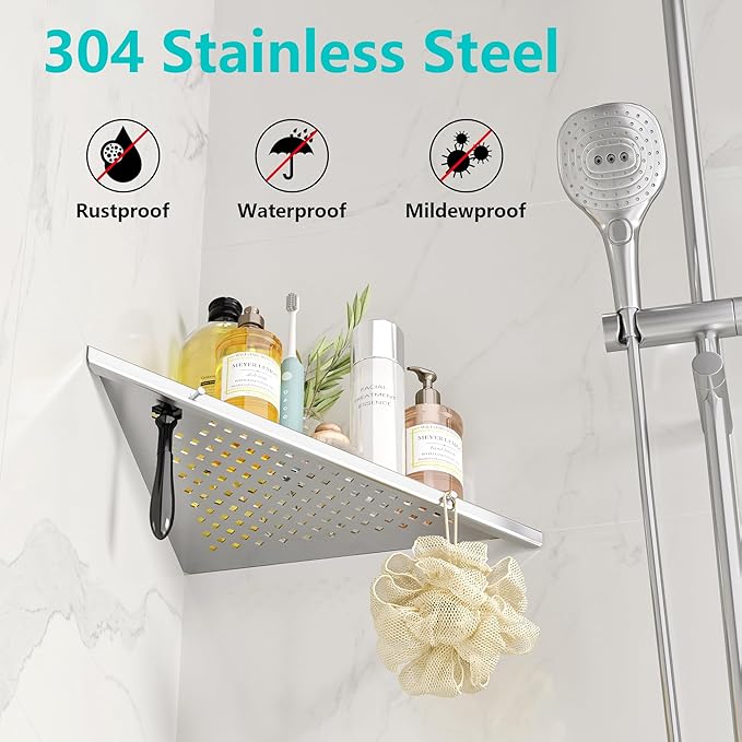 Qeke 10" Bathroom Corner Shelf, 2 Pack Recessed Shower Shelf Caddy, SUS304 Stainless Steel Shelf Wall Mount Triangular, No Drilling Brushed Nickel