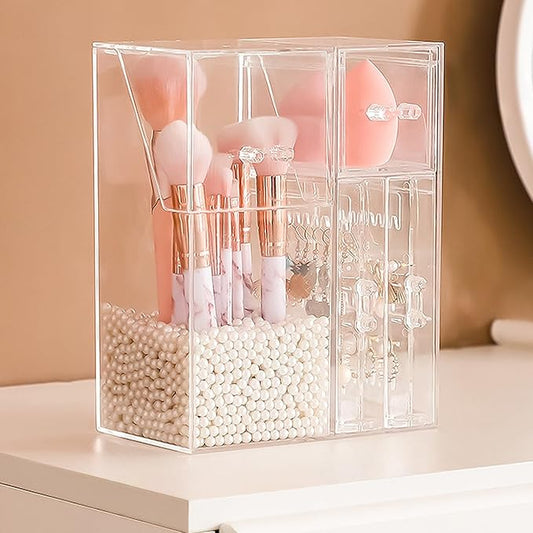 Acrylic Makeup Brush Holder with Lid - Cosmetics Storage Display Case - Clear Cosmetic Makeup Brush Organizer and Storage Box with Cover for Vanity (Style 1)