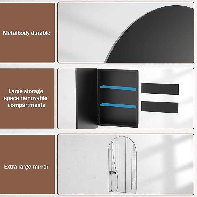 Medicine Cabinet with Mirror,Bathroom Wall Cabinet with Adjustable Shelves Arch Metal Storage Cabinet for Bathroom Bedroom (No Assembly Required) Black 16.5 * 31.1''