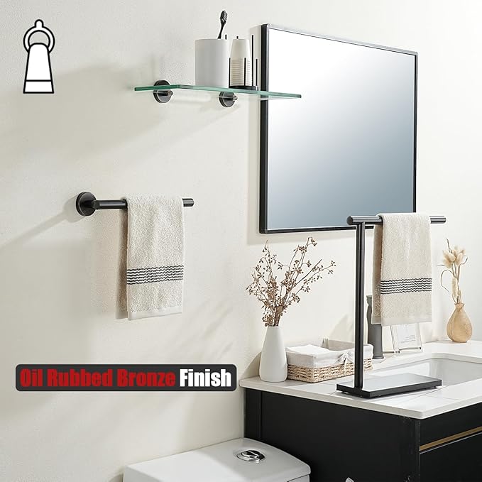 JQK Hand Towel Holder Towel Ring Oil Rubbed Bronze, 10 Inch Thicken 0.8mm 304 Stainless Steel Bathroom Hand Towel Bar, 9 Inch Useable Length Wall Mount Towel Rack Hanger, ORB, THH110L9-ORB
