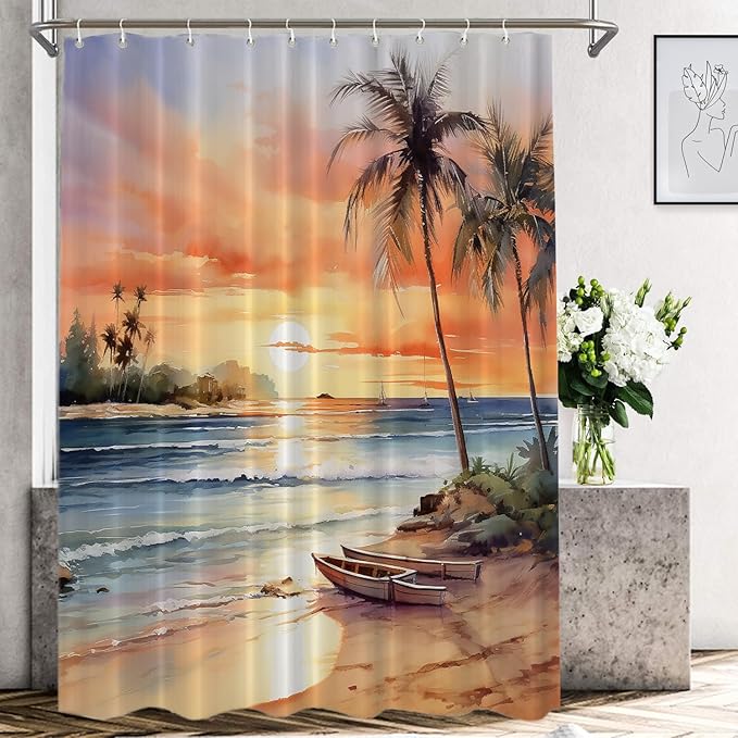 Shrahala Summer Sunset Beach Decorative Shower Curtain, Tropical Seaside Scene Bathroom Décor Polyester Fiber Waterproof with Plastic Rings for Shower Stall Bathtubs 72 X 60 in