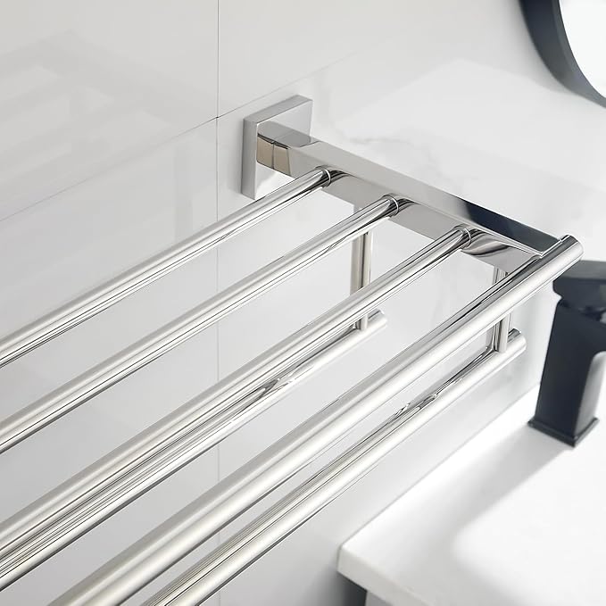 Towel Rack with Shelf 20 Inch Double Towel Racks for Bathroom Polished Chrome Bath Towel Holder SUS304 Stainless Steel Towel Rack Wall Mounted Modern Towel Hanger