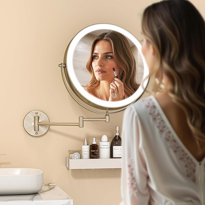 8.5" Wall Mounted Makeup Mirror with Light, 2000mAh Rechargeable Double Sided 1X / 10X Magnifying Vanity Mirror, 3 Color Lights Touch Dimmable 360° Rotation Bathroom Mirror, Nickel