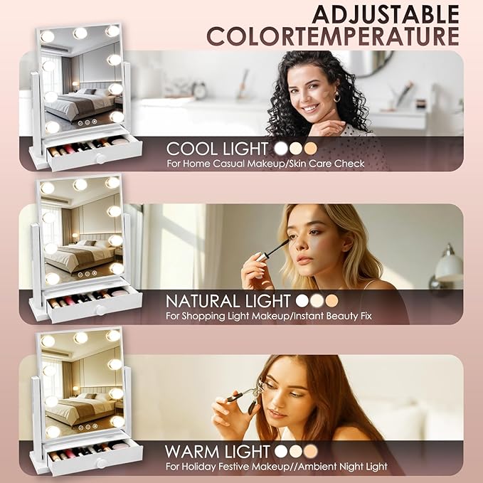 COLMERD Vanity Mirror with Lights with Drawer, Type-C and USB Charging Port, Hollywood Makeup Mirror with 9 LED Bulbs, 3 Colors Dimmable, Touch Control, Detachable 5X Magnification, Gifts for Women