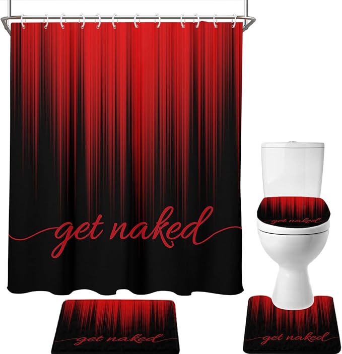 AAtter 4 Piece Red and Black Shower Curtain Set Get Naked Funny Adults Gothic Mens 60Wx72L Curtains Decor with Non-Slip Rugs, Toilet Lid Cover and Bath Mat Bathroom Accessorie Home Bathtub Set, Ombre