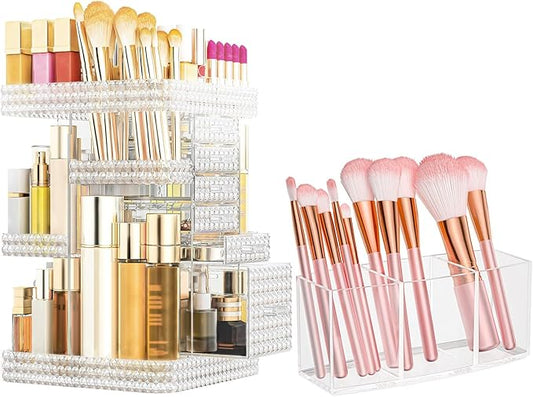 2 Pack Makeup Organizer Set, Rotating Makeup Organizer with 6 Drawers, Makeup Brush Holder, Clear