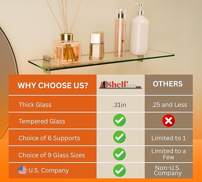 Glass Shelves - Tempered Safety Glass Shelves for Bathroom, Choose Over 20 Shelf Brackets and Multiple Shelf Sizes - Jam Style - 15.7 x 4.7 in - Stainless Clip