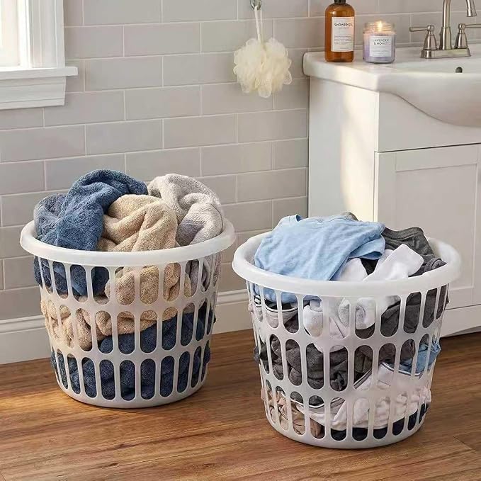(8 Pack) 1-Bushel Round Plastic Laundry Baskets - Durable,Large Capacity for Bedroom, Bathroom, Laundry Room & Dorm