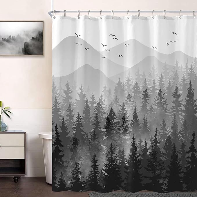 Accnicc Black Misty Forest Shower Curtain Ombre Gray Grey White Waterproof Fabric Shower Curtains for Bathroom Nature Pine Tree Mountain Woodland Decorative Bath Curtain Decor (72'' × 72'')
