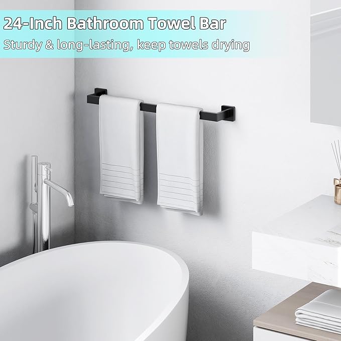24" Bathroom Towel Bar, 24 Inch Towel Racks for Bathroom Wall Mounted, 304 Stainless Steel Hand Towel Holder Organizer, Modern Home Decor Towel Rod, Matte Black Towel Hangers for Bathroom Wall