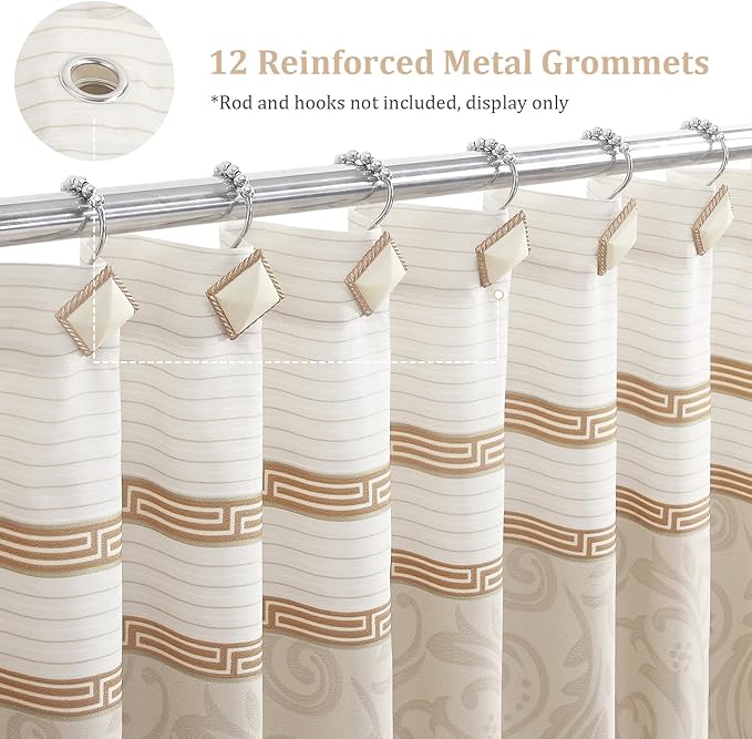 Fabric Shower Curtain, Waterproof for Bathroom with Beige Tan Stripe, 62" W x 72" H