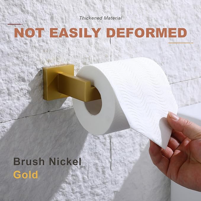 TASTOS Toilet Paper Holder Brushed Gold, Toilet Tissue Roll Holders Dispenser and Hangers Wall Mounted for Bathroom & Kitchen, Stainless Steel Modern Square Style 2 Pack