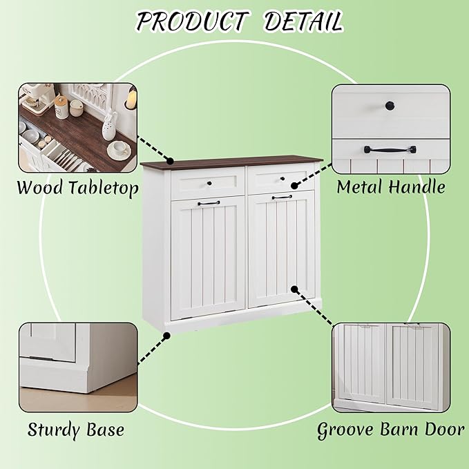 IFBUY Double Tilt Out Laundry Hamper Cabinet, 20 Gallon Farmhouse Trash Can Cabinet with Drawer, Hidden Wood Garbage Can Bin Cabinets with Laundry Storage Basket for Bathroom, Kitchen (Antique White)