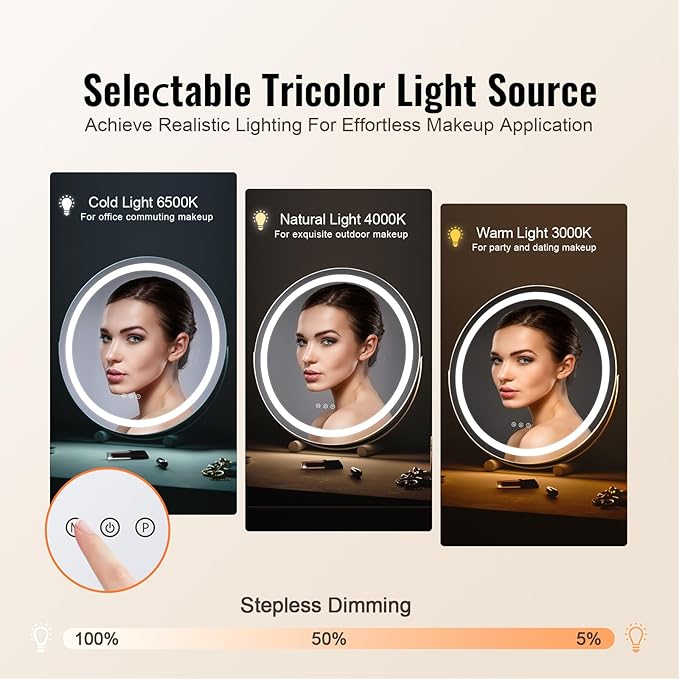 VEVOR 20” Vanity Mirror with Lights, LED Makeup Mirror 3 Color Lighting Modes, with 5X Magnification Mirror, Smart Touch Control, 360°Rotation,Round Lighted Makeup Mirror for Bedroom Tabletop (White)