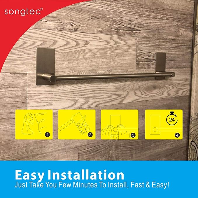 Songtec Adhesive Towel Bar 12inch Brushed, Stick On Bath Towel Rack Easy Install, NO Drilling on Walls, Premium SUS304 Stainless Steel - Brushed