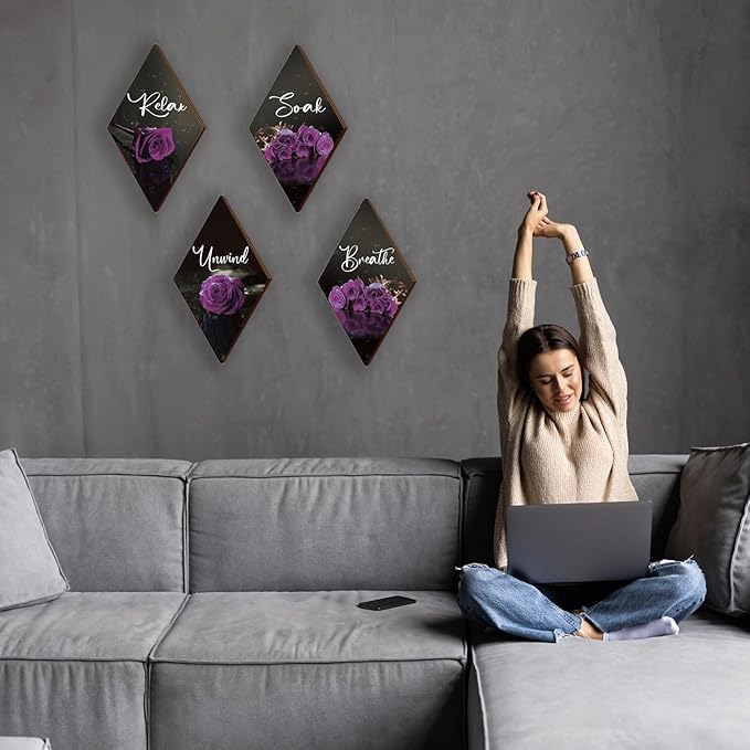 ONIZHITY Set of 4 Purple Bathroom Decor Rose Wooden Wall Decor Flower Rustic Romantic Floral Farmhouse Wall Decor Breathe Soak Unwind Relax Sign Purple Decor for Room Bedroom Bathroom (purple 12 x 7)