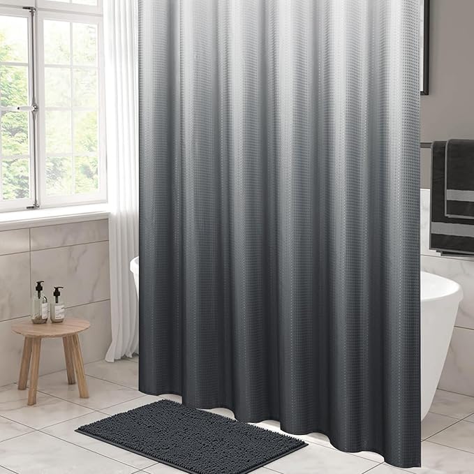 MitoVilla Grey Ombre Waffle Small Stall Shower Curtain 36 x 72, Half Size Fabric Narrow Shower Curtains for Bathroom Decor, 36 inch Weighted Shower Curtain Set with Plastic Hooks