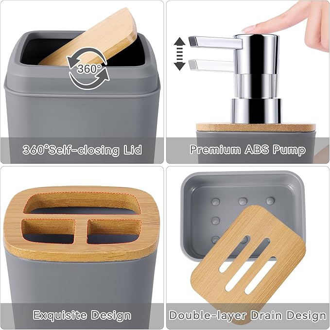 Grey Bathroom Accessories Set with Trash Can 9 Piece Grey Bathroom Decor Toothbrush Holder,Toothbrush Cup,Lotion Soap Dispenser,Vanity Tray,Soap Dish,Toilet Brush,Qtip Holder