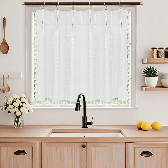 Boho Farmhouse Window Curtain with Tassels, 30 x 24 Inch Light Filtering Sheer Short Cafe Window Curtain Tier, White Linen Textured Pleated Small Window Drape for Kitchen or Bathroom, 1 Panel