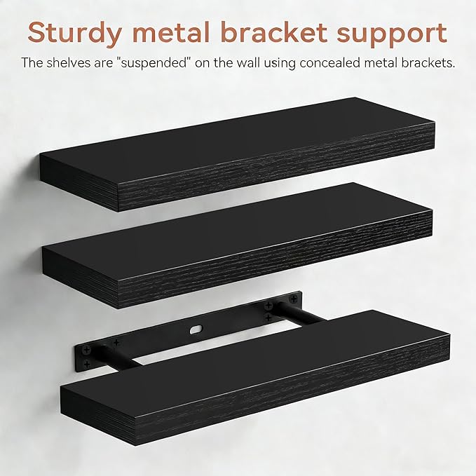 Floating Shelves for Wall, Rustic Wood Shelf for Room Decor/Storage/Display, Small Wall Mounted Hanging Shelves with 20lb Capacity for Bathroom, Living Room, Kitchen (Black)