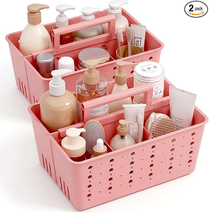 Lifewit Shower Caddy Portable, Cleaning Supplies Caddy Organizer with Handle and Adjustable Dividers, Plastic Shower Basket for Dorm Room Essentials, College, Bathroom, Pink, 2 Packs