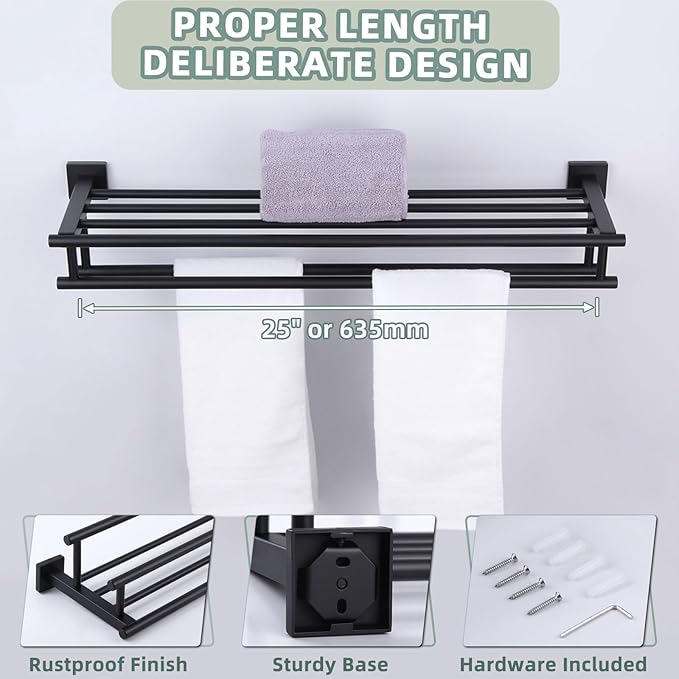 Bath Towel Shelf with 2 Towel Holders, Angle Simple Stainless Steel Bathroom Towel Rack with Towel Bars, Wall Mount Train Rack Matte Black 27.56 Inches