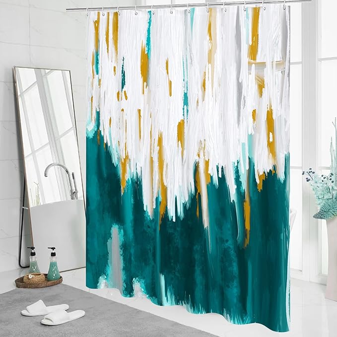 MitoVilla Teal Blue Shower Curtain, Graffiti Ombre Fabric Shower Curtains for Modern Abstract Bathroom Decor, Brush Strokes Oil Painting Design, Turquoise, 72 x 72