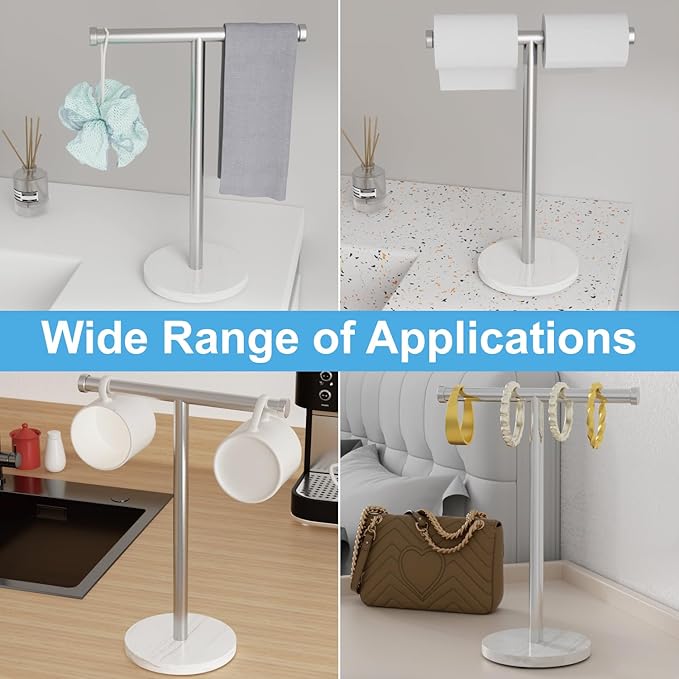 Hand Towel Holder, T-Shape Freestanding Towel Stand with Heavy Marble Base, Stainless Steel Hand Towel Rack for Bathroom Vanity, Kitchen Countertop, Brushed Nickel