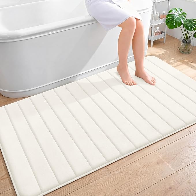 OLANLY Memory Foam Bath Mat 59x35, Super Soft Absorbent Bathroom Rugs, Quick Dry, Machine Washable Shower Floor Rugs, Bathmat Carpet, Bathroom Home Decor Accessories, Ivory
