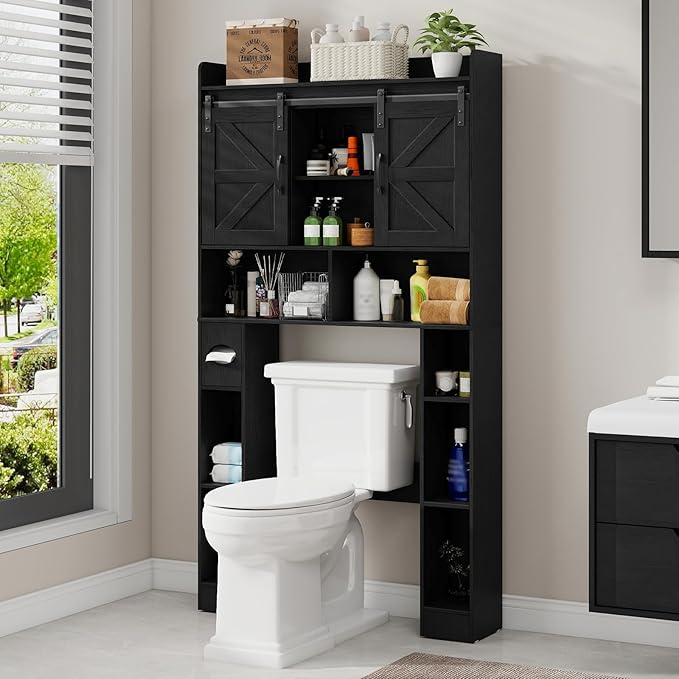 Vabches Farmhouse Storage Cabinet Over Toilet with Sliding Doors, Home Space-Saving Toilet Rack, Over The Toilet Storage Cabinet, Open Storage Shelf, for Bathroom, Laundry, Restroom.Black