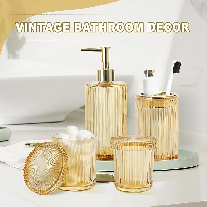 KASUNTING Gold Bathroom Accessories 4 Pcs, Gold Glass Soap Dispenser and Toothbrush Holder Set, Qtip Holder Set, Glass Bathroom Soap Dispenser Set, Yellow Orange Bathroom Decor