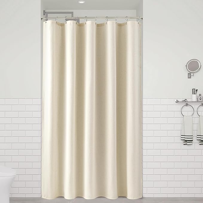 Naturoom Warm Beige 54 Inch Shower Curtain - Stall Narrow Half Linen Ultra Thick Fabric Shower Curtain Set with Hooks, Boho Farmhouse Rustic RV Camper Bath Curtains for Bathroom, 54x78