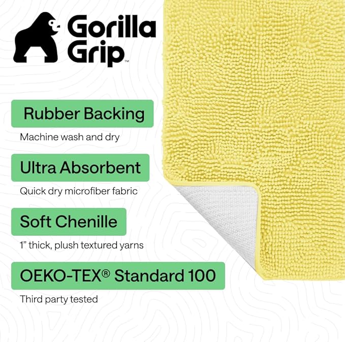 GORILLA GRIP Bath Rug Mat 36x24, Thick Soft Absorbent Chenille, Quick Dry Microfiber Mats, Rubber Backing Washable Shower Floor Rugs, Bathmat Runner, US Designed Bathroom Home Decor Accessories Yellow