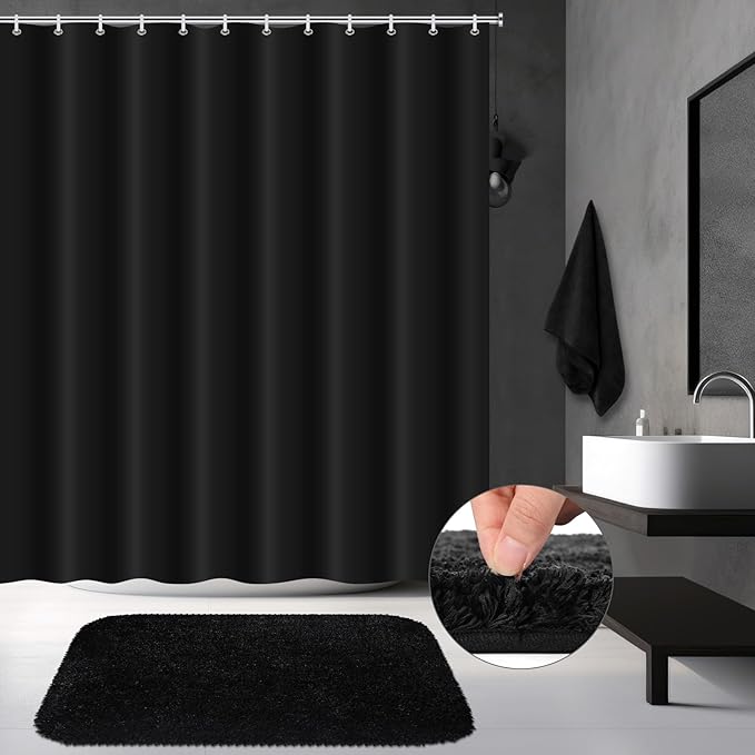 Fanfanwin 3 Pcs Bathroom Curtain Sets with Shower Rug and Towel Waterproof Shower Curtain Non Slip Bathroom Rug Bath Mat Soft Hand Towel with 12 Hooks for Hotel Decor(Black)