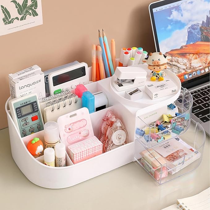 skin care organizer,Makeup Desk Organizer With Drawers,Countertop Organizer for Cosmetics,Vanity brush with Holder for Lipstick, Brushes, Eyeshadow, and Desktop Finishing Dresser (D-White)