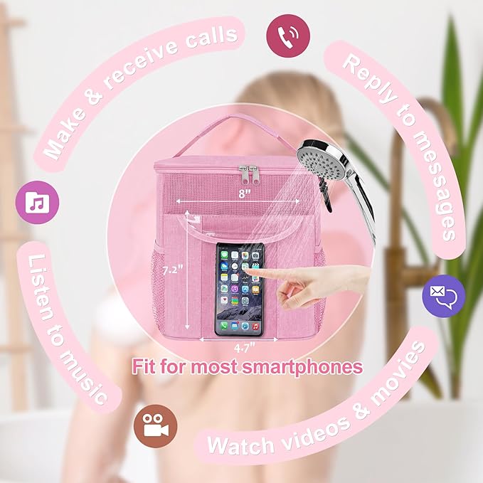 Attmu Shower Caddy Portable for Dorm Room Essentials, Hanging Shower Bag for College, Large Capacity Mesh Shower Caddy for Bath Essentials (Light Pink)