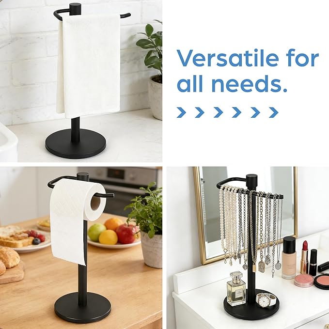 Kawlity Extra Large Free-Standing Hand Towel Holder Stand Towel Rack for Bathroom Kitchen Stable Stainless Steel Waterproof with Matte Black Finish Vanity Countertop Organizer, Black