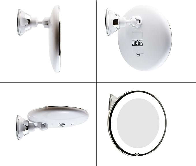 JiBen LED Lighted 10X Magnifying Makeup Mirror with Power Locking Suction Cup, Bright Diffused Light and 360 Degree Rotating Adjustable Arm, Portable Cordless Home and Travel Bathroom Vanity Mirror
