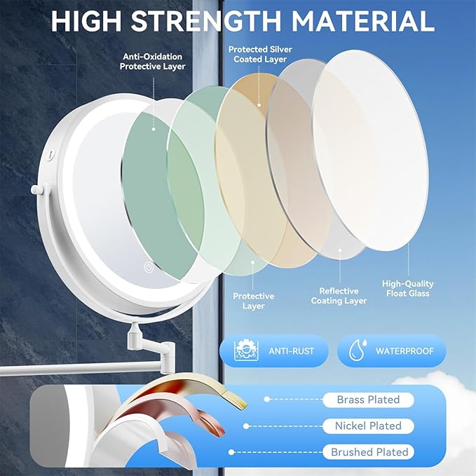 9'' 30X/1X Wall Mounted Lighted Makeup Mirror, 5000mAh Rechargeable Double-Sided Magnifying Mirror with Light, Bathroom Mirror Touch Dimmable 3 Colors 360° Rotation Extended Arm, Power Adapter