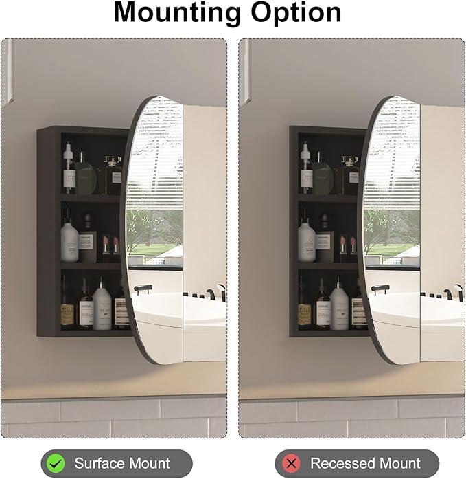 Oval Medicine Cabinet with Mirror for Bathroom,Bathroom Medicine Cabinet,Oval Mirror Cabinet Wall Mounted with 3 Storage,2 Doors,Black