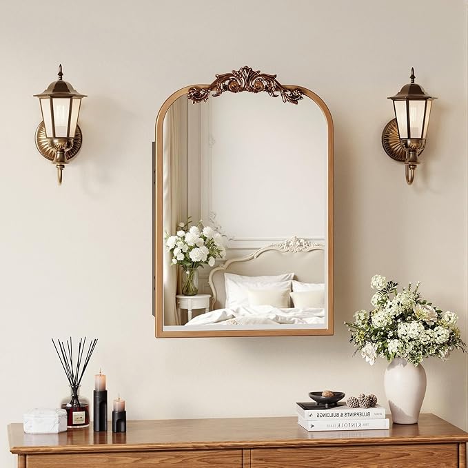 16x24 Inch Bathroom Medicine Cabinet with Mirror, Recessed or Surface Mount, Sturdy, Durable & Easy Installation, Vintage Metal Frame(Gold)